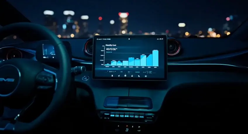 Painel do carro com tela central acesa, à noite