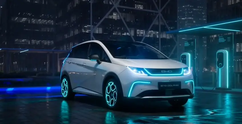 Carro elétrico branco da frota estacionado junto a um carregador, à noite